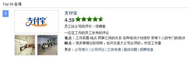 “50家最適合工作公司”出爐 支付寶位居榜首,互聯(lián)網(wǎng)的一些事